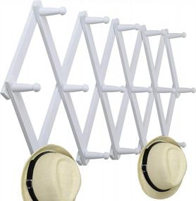 img 4 attached to Expandable Wooden Coat Rack Wall Mount - WEBI Accordian Wall Hanger With 16 Peg Hooks For Hats, Caps (White)
