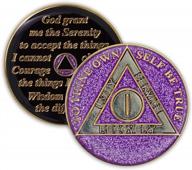 1 year sobriety coin glitter triplate aa chip recovery anniversary token (purple) logo