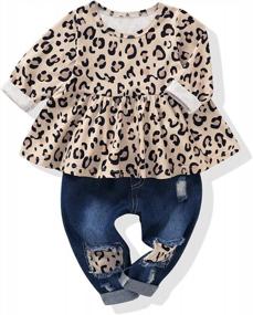 img 4 attached to Adorable Baby & Toddler Girl Outfit With Denim Jeans, Ruffle Floral And Leopard Shirt Top, And Ripped Denim Pant Set - Available In Sizes 6M-4T