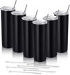 travel in style with 6 pack of 20 oz double-walled insulated skinny tumblers in black stainless steel with straw and lid for coffee, water and tea logo