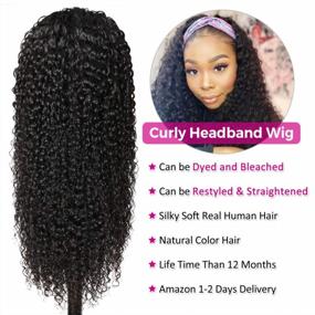 img 2 attached to Glueless Brazilian Curly Human Hair Wig With Headband - 150% Density Machine-Made Easy Wear, Natural Color For Black Women (20 Inch, Curly Headband Wig)