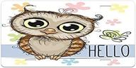 ambesonne owls license plate - cartoon owl & butterfly on floral background w/hello message illustration - 5.88" x 11.88" high gloss aluminum novelty plate in brown blue logo