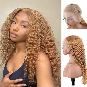 img 4 attached to BLY Light Brown Colored 10A Human Hair Blonde Wig Lace Front For Women 13X4 HD Transparent Pre Plucked Deep Wave Curly Glueless Wigs 180% Density #27 Color 30 Inch