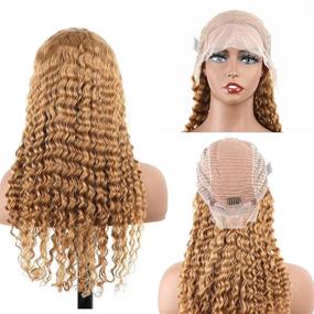 img 3 attached to BLY Light Brown Colored 10A Human Hair Blonde Wig Lace Front For Women 13X4 HD Transparent Pre Plucked Deep Wave Curly Glueless Wigs 180% Density #27 Color 30 Inch