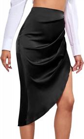 img 2 attached to LYANER Атласная юбка миди с высокой талией и асимметричным разрезом с рюшами для женского облегающего стиля