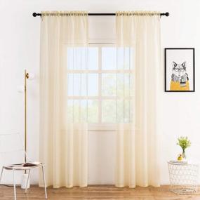 img 4 attached to Anjee Sheer Curtains 45 Inches Length Faux Linen Texture 2 Panels Rod Pocket Semi Sheer Window Treatment Gauze Voile Drapes For Kids Bedroom Kitchen Bathroom, Light Yellow 52 X 45 Inches