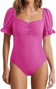 img 4 attached to MYMORE Women Short Puff Sleeve Ruffle Cuff Ruched Front Ribbed Sweetheart Neckline Sexy Bodysuit Backless Bodysuits (XS-2XL)