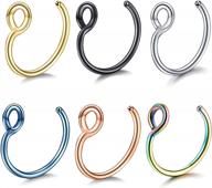 6 piece stainless steel fake nose ring set - bodystars faux nose septum lip ear piercing jewelry in 18g/20g logo