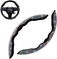 💎 flymotor diamond leather steering wheel cover with crystal rhinestones - sparkling car interior accessory set for universal fit, 2pcs, black with colorful diamond bling bling design - perfect for women and men логотип