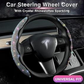 img 3 attached to 💎 Flymotor Diamond Leather Steering Wheel Cover with Crystal Rhinestones - Sparkling Car Interior Accessory Set for Universal Fit, 2pcs, Black with Colorful Diamond Bling Bling Design - Perfect for Women and Men