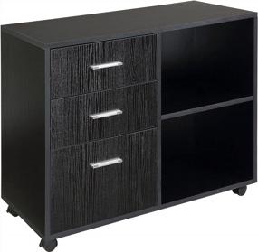 img 4 attached to Black Office Filing Cabinet With 3 Drawers, Open Shelving, And 4 Caster Wheels - HOMCOM For Convenient Storage And Mobility Indoors