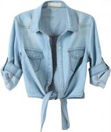 stylish and trendy: amebelle women's tie front chambray crop top with roll up 3/4 sleeves logo
