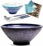 🍜 8-piece premium ceramic xl ramen bowls set: dark blue 60 oz noodles bowl with stainless steel spoon, chopsticks, and reusable beeswax wrap lids - perfect for asian, chinese, japanese, and pho soup логотип