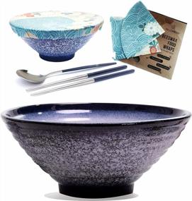img 4 attached to 🍜 8-Piece Premium Ceramic XL Ramen Bowls Set: Dark Blue 60 oz Noodles Bowl with Stainless Steel Spoon, Chopsticks, and Reusable Beeswax Wrap Lids - Perfect for Asian, Chinese, Japanese, and Pho Soup