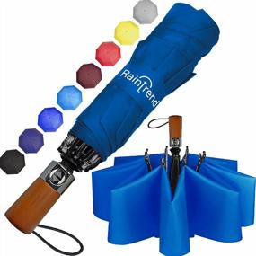 img 4 attached to Компактный и прочный синий дорожный зонт с тефлоновым покрытием: легкий, ветрозащитный и простой в использовании для мужчин и женщин
