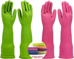 img 4 attached to 2-Pack of Long Cleaning Dishwashing Gloves for Kitchen - Reusable Rubber Washing Gloves with 2 Extra Cleaning Cloths Included