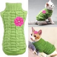 🐱 green cat dog sweater for small pets, cozy turtleneck knitted knitwear with braid plait & fabric flower clip (xs) логотип