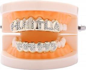 img 1 attached to 14K Plated LKV Gold Grillz For Men And Women - Iced Out Hip Hop Poker Diamond Top And Bottom Teeth Grills For Rapper Costumes And Cosplay Accessories