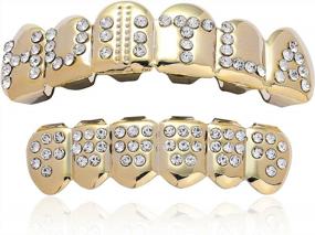 img 4 attached to 14K Plated LKV Gold Grillz For Men And Women - Iced Out Hip Hop Poker Diamond Top And Bottom Teeth Grills For Rapper Costumes And Cosplay Accessories