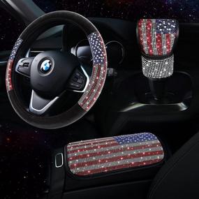 img 4 attached to Rhinestone Bling Car Accessories Set for Women with Diamond Crystal, American Flag Steering Wheel Cover for Women, Glittery Center Console Cover, Sparkly Gear Shift Cover, Car Decor 3pc Set - TZARROT