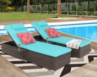 turquoise patio furniture set: 2 piece chaise lounge chairs with side table, cushioned recliner chairs for poolside, garden, balcony, and lawn - pe wicker, adjustable backrests - by furnimy logo