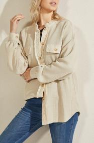 img 2 attached to CHARTOU Women'S Vintage Waffle Knit Shacket Shirt Tops - Banded Collar Button Down Baggy Loose Fit Mid-Weight Frayed