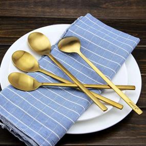 img 3 attached to 8,5-дюймовые корейские суповые ложки из нержавеющей стали, набор золотых ложек из 8 предметов с длинными ручками для домашней кухни или ресторана (золотой)