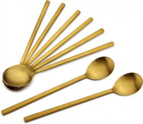 img 4 attached to 8,5-дюймовые корейские суповые ложки из нержавеющей стали, набор золотых ложек из 8 предметов с длинными ручками для домашней кухни или ресторана (золотой)
