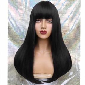 img 4 attached to Long Straight Wig With Bangs For Black And White Women - REECHO 24 Synthetic Hair Cosplay Wig In Black Color