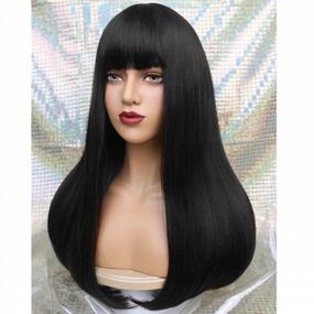 img 2 attached to Long Straight Wig With Bangs For Black And White Women - REECHO 24 Synthetic Hair Cosplay Wig In Black Color