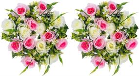 img 4 attached to Artificial Flower Ball Bouquet - 2 Pcs With 14 Heads Artificial Roses And Plastic Base, Ideal For Home Decor, Front Door, Wedding, Valentine'S Day, And Parties In Pink And White.