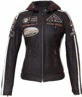 vintage retro hooded cafe racer biker jacket for women with badges and motorcycle leather logo