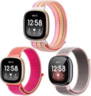 soft adjustable breathable sport replacement strap for fitbit sense/versa 3 - 3-pack nylon bands, women men wristband accessories, sense striped pink/pomegranate/sand pink логотип