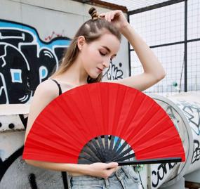 img 1 attached to Amajiji красный большой складной ручной веер для женщин/мужчин, китайский/японский веер из бамбука и нейлоновой ткани для выступлений, фестивалей, мероприятий, подарков, поделок, танцев и украшений - оптимизируйте свой поиск!