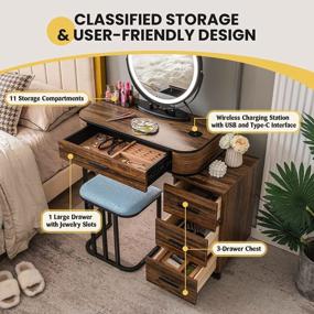 img 2 attached to CHARMAID Vanity Table Set With 3-Color Lighted Mirror, Human Body Induction, Illuminated Dimmable, Large Drawer, Chest Of 3 Drawers, Bedroom Makeup Desk Dressing Table With Stool (Rustic Brown)