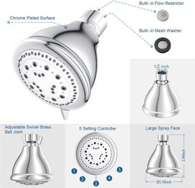 img 1 attached to High Pressure Shower Head 3’’ Anti-Leak Fixed Showerhead 5 Setting Spray, Adjustable Metal Swivel Ball Joint Tool-Free Installation Multi-Functional Bathroom Shower Heads - Chrome