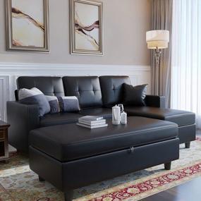 img 2 attached to Modern Convertible Sectional Sofa With Ottoman And Reversible Chaise In Black Faux Leather