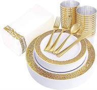 i00000 160pcs gold plastic plates, silverware, and napkins set - perfect for christmas parties! логотип