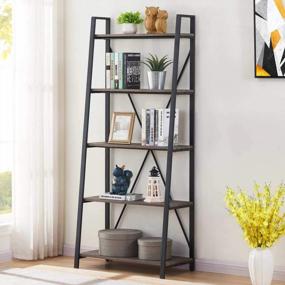img 4 attached to BON AUGURE Industrial 5 Tier Rustic Leaning Ladder Shelf Bookcase, Wood & Metal (Dark Grey Oak)