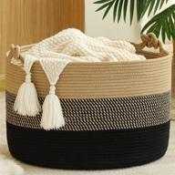 🧺 kakamay large blanket basket: stylish jute/black woven rope basket for baby laundry, living room storage, nursery & more - 20"x13 logo