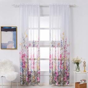 img 4 attached to Set Of 2 Kotile Floral Sheer Curtain Panels With Rod Pocket For Bedroom, Printed Voile Sheer Drapes With Red And Pink Blossom Design, 52 X 84 Inches