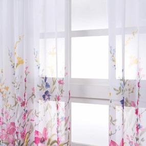 img 2 attached to Set Of 2 Kotile Floral Sheer Curtain Panels With Rod Pocket For Bedroom, Printed Voile Sheer Drapes With Red And Pink Blossom Design, 52 X 84 Inches