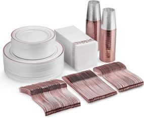 img 4 attached to 🌹 Premium 350 Piece Rose Gold Dinnerware Set | Perfect for 50 Guests | Elegant Plastic Plates, Silverware, Cups, and Napkins | Disposable Rose Gold Dinnerware Set