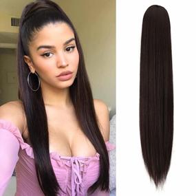 img 4 attached to 28 Inch Long Straight Drawstring Ponytail Extensions | Natural Synthetic Hairpiece Clip-In For Women & Girls