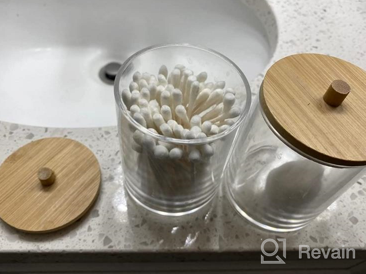 img 1 attached to 2-Pack Acrylic Q-Tip Holder Dispenser With Bamboo Tray And 10Oz Bathroom Canister Apothecary Jars For Cotton Ball, Swab & Q-Tips Accessories Storage Organizer review by Seth Hogate