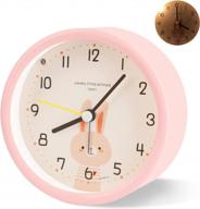 kids non-ticking analog alarm clock w/ night light, cartoon animal design battery operated portable desk clock for bedroom - pink rabbit logo