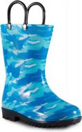 blue camo rain boots for little kids and toddlers with handles by zoogs, suitable for boys and girls, size us 6t logo