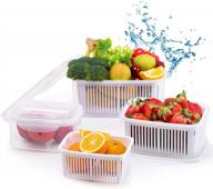 fruit vegetable produce storage saver containers with lid & colander bpa-free plastic fresh keeper set refrigerator fridge organizer for salad berry lettuce food meat fish celery - 3 packs white logo