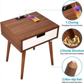img 3 attached to Frylr Bedside Table With Drawers And Phone Charging Port - Stylish End Table For Living Rooms In Light Walnut And White