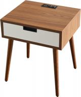 frylr bedside table with drawers and phone charging port - stylish end table for living rooms in light walnut and white logo